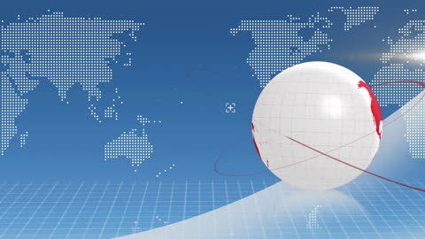 Digital World Map with Spinning Globe and Blue Grid Background