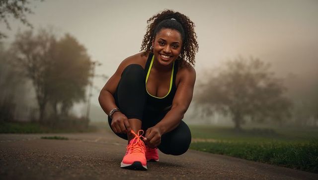 Smiling woman tying bright coral running shoe on park path morning mist neon-trim tank