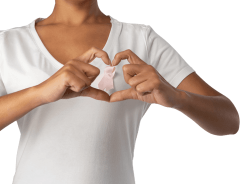 Transparent heart shaped hands featuring pink ribbon signifying support