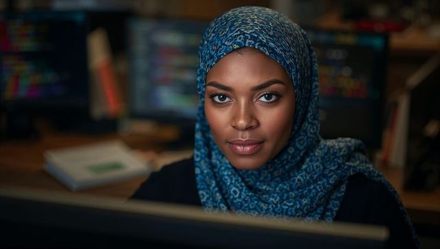 Confident software developer wearing hijab focused at modern office desk