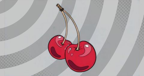 Bold stylized red cherries with abstract gray background