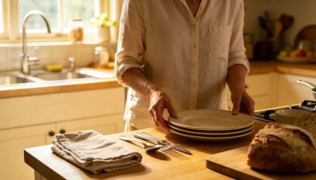Sunlit kitchen morning middle-aged woman stacking ceramic plates on wooden counter