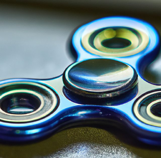 Image of close up of blue metallic fidget spinner on black background. Playing object and toy concept.