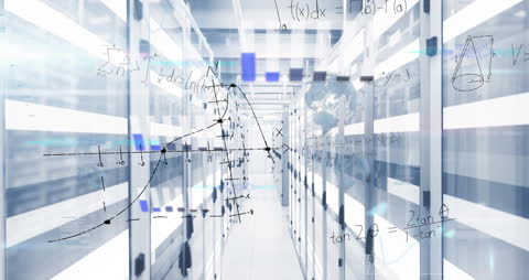 High-Tech Data Center with Calculations Overlay