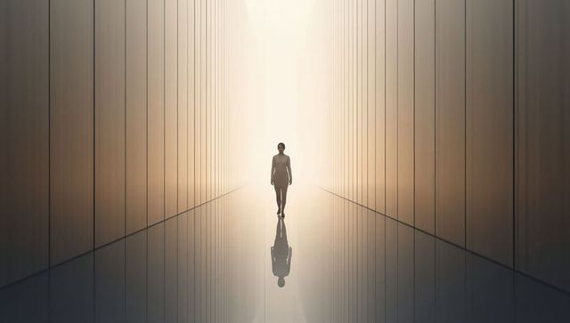Silhouette Woman Walking in Minimalist Reflective Corridor Toward Bright Light