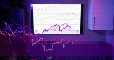 Wall-mounted monitor projecting neon waveform grid over rgb gaming desk ambient lighting