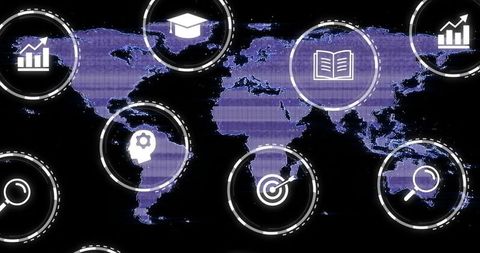 Displaying dotted world map with interactive data rings and technology glyphs