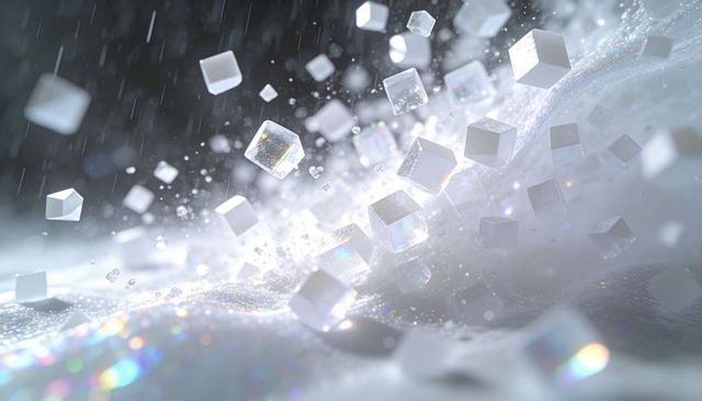 Floating translucent cubes drifting over iridescent glitter surface scattering crystals