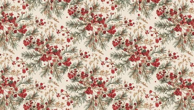 Seamless watercolor pine sprig pattern featuring red berries and golden foliage