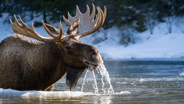 Bull moose drinking from snowy river, majestic antlers against winter forest