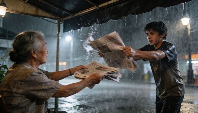 Soaked teen handing newspapers to elderly vendor under awning during nighttime downpour