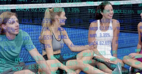 Tennis players chatting on blue court with turquoise data overlay showing team camaraderie
