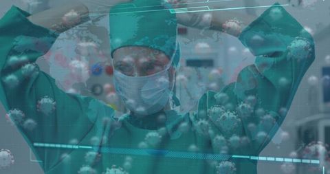 Surgeon in Operating Room with Global Pandemic Overlay