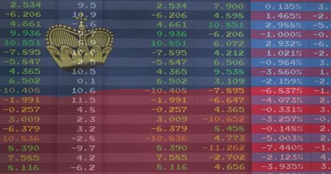 Liechtenstein Flag Overlay on Stock Market Data with Golden Crown Emblem