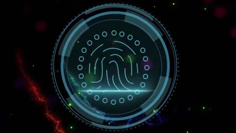 Scanning biometric fingerprint with neon holographic HUD granting secure access control