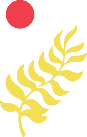 Vibrant abstract fern with red sun on transparent background