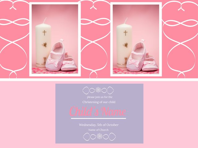 Baptism Invitation Template with Baby Shoes and Candle - Download Free Stock Templates Pikwizard.com