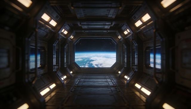 Octagonal Spacecraft Corridor Framing Earth Horizon Through Panoramic Port Window
