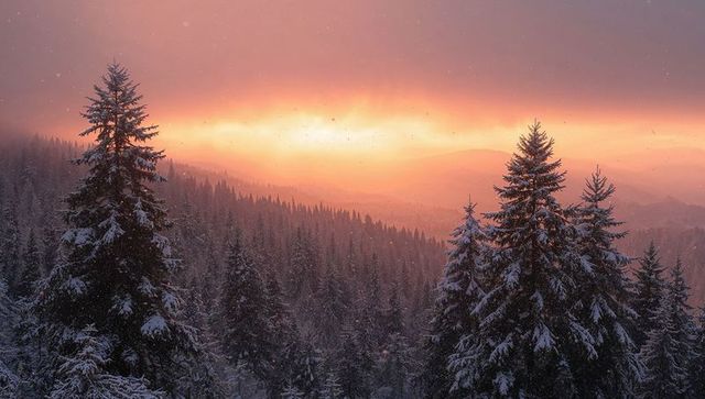 Golden winter sunrise over snow-covered pine forest on misty mountain ridge with falling snow