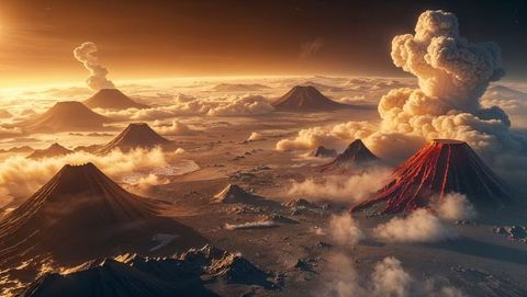 Breathtaking venus volcanic eruptions and lava flows at sunset