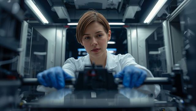 Lab technician adjusting machine in high-tech research facility