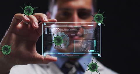 Lab Technician Analyzing Virtual Virus Data on Digital Card