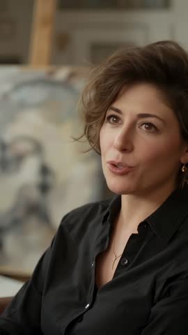 Woman artist describing painting during studio interview, explaining creative process