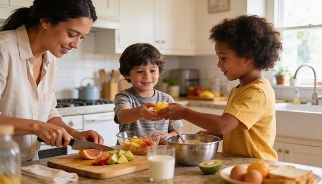 Sunlit family fruit prep: mother and two young kids slicing citrus for healthy breakfast