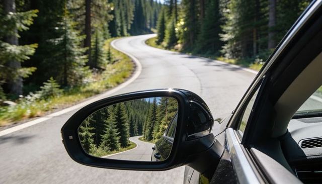Winding mountain road reflected in side mirror of black car driving through pine forest