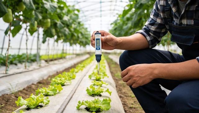 Agronomist testing ph in hydroponic lettuce rows using digital probe in greenhouse for crop health