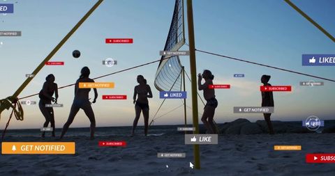 Young women playing beach volleyball with social media overlay