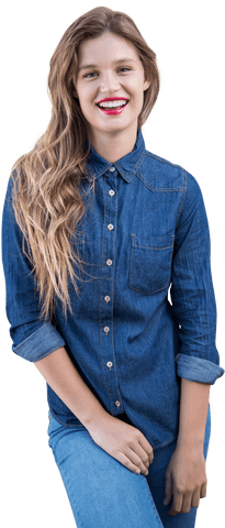 Smiling Woman in Denim Outfit on Transparent Background
