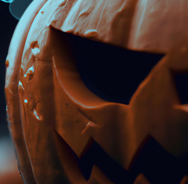 Image of close up of halloween decoration with scary carved pumpkin. Halloween festivity, celebration, culture and tradition concept.