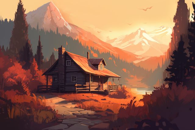 Charming rustic cabin set against a majestic mountain range during autumn sunset. Perfect for concepts related to nature retreats, outdoor adventures, tranquility, scenic beauty, and rural living. Ideal for use in travel promotions, holiday advertisements, nature-themed projects, and inspirational content.