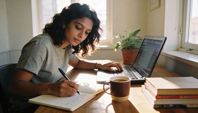 Indian woman writing and researching at sunlit home desk with laptop, notebook and coffee