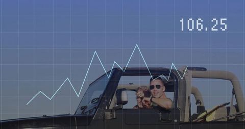 Cruising roadtrip mature men in open jeep with sunglasses and surfboards, data graph overlay