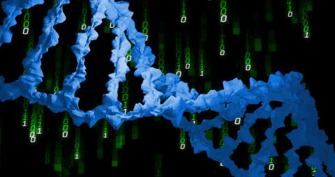 DNA Strand and Binary Code on Black Background