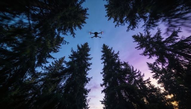 Drone hovering through pine canopy at twilight with motion blur and glowing lights