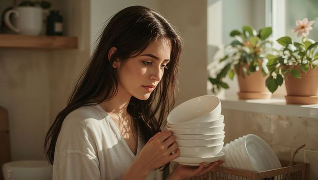 Sunlit young woman stacking white ceramic bowls in minimalist kitchen with potted plants