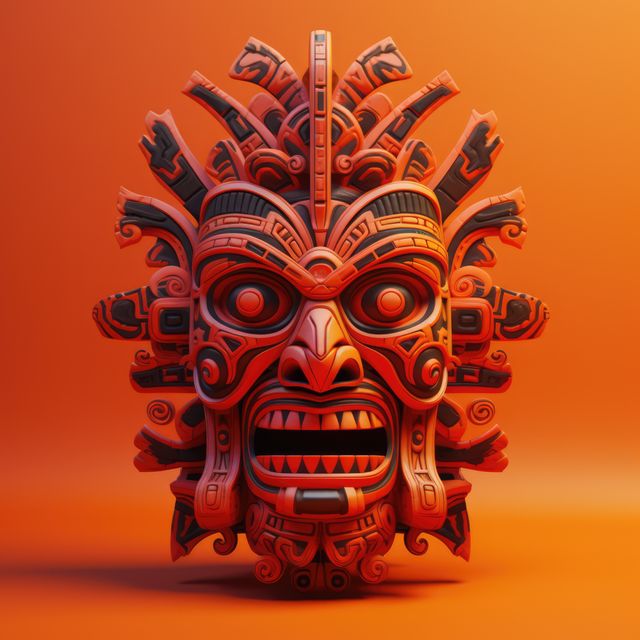 This image depicts a highly detailed Mayan mask featuring traditional designs and carving styles, set against a vivid orange backdrop. It can be used in educational contexts to illustrate ancient Mayan culture, in artistic exhibitions, or as an eye-catching graphic in cultural awareness advertisements.