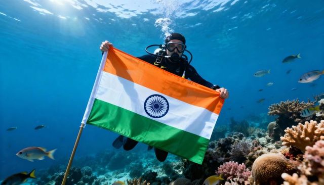 Underwater scuba diver holding indian flag above coral reef with sunlight streaming