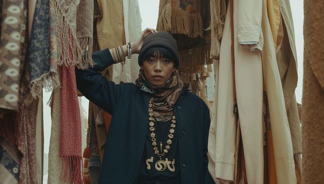 Standing Asian woman wearing coat and beanie in boho market with scarves and bracelets