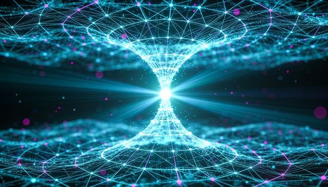 Neon wormhole funnel converging on luminous core with cyan mesh and magenta nodes