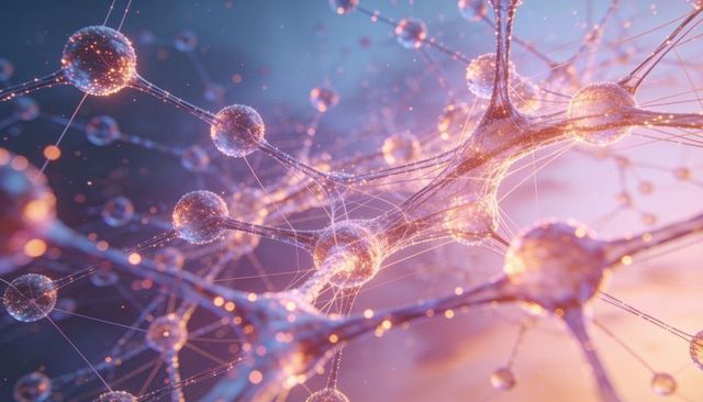 Glowing neural network of interconnected glassy nodes pulsing with luminous filaments