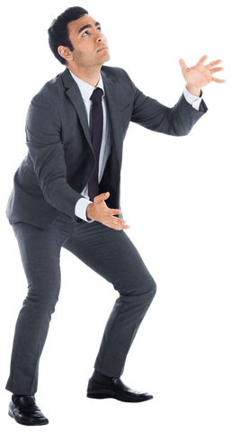 Transparent businessman looking up with raised hands floored by decisions