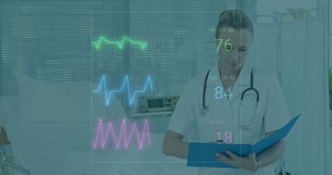 Nurse reviewing patient vital signs display in hospital room