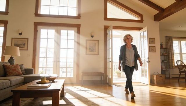 Senior woman walking through french doors into sunlit vaulted living conveying warmth calm