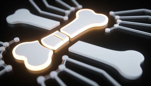 Glowing bone joint connector with branching node network on glossy black background