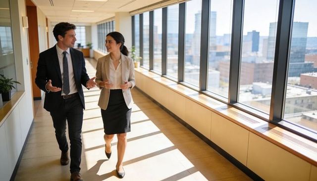 Two executives walking and discussing in sunlit modern office corridor with city view