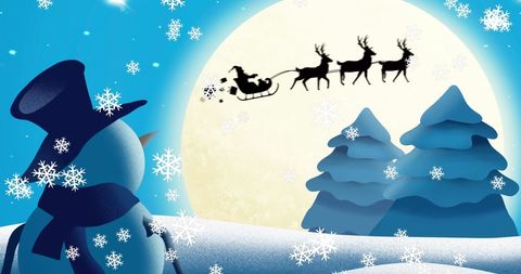 Snowman Watching Santa Sleigh Over Winter Wonderland - Download Free Stock Images Pikwizard.com